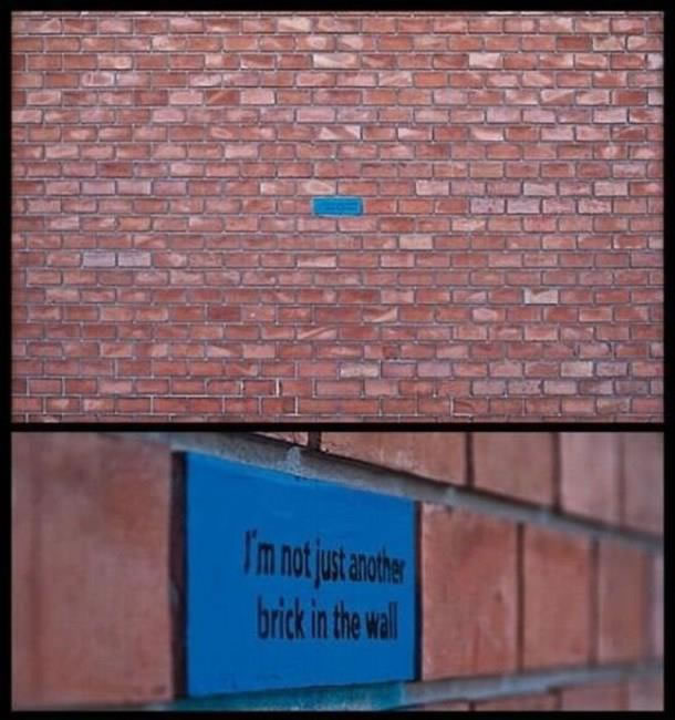A blue brick in a wall of red bricks saying “I’m not just another brick in the wall”