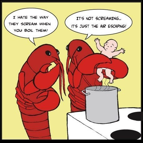Two lobsters boiling a live baby. Lobster: “I hate the way they scream when you boil them!” Other lobster: “It’s not screaming… It’s just the air escaping!”