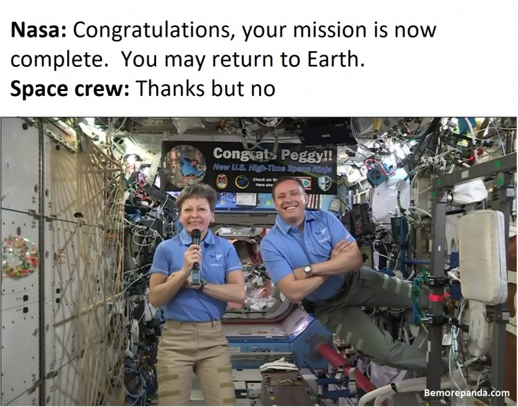 Nasa: Congratulations, your mission is now complete. You may return to earth.  Space crew: Thanks but no.