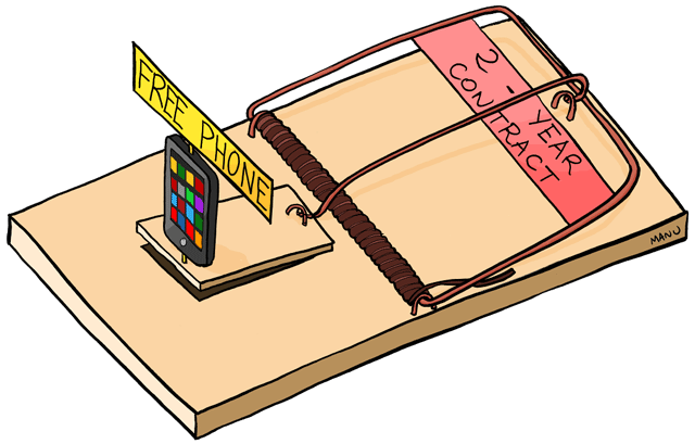 A loaded mouse trap labelled “2-year contract” with a phone labelled “free phone” sitting on the trigger.