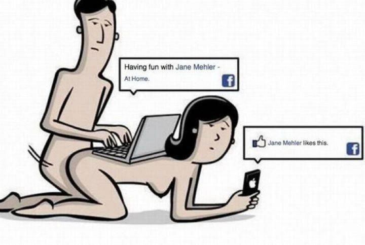 A man and a woman engaged in sexual activities while updating Facebook