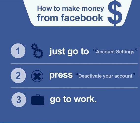 How to make money from facebook: 1) just go to “Account Settings”; 2) Press “Deactivate your account”; 3) Go to work.