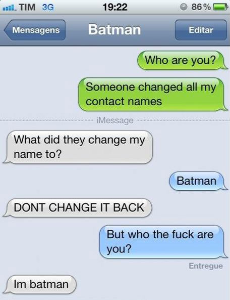 SMS conversation between Tim and Batman