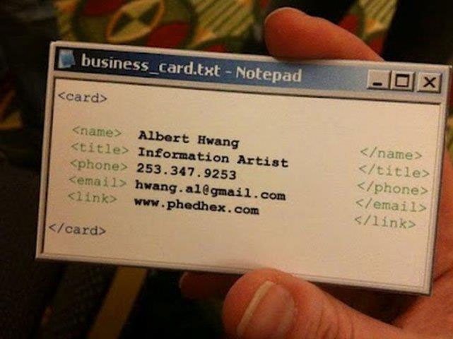 A business card styled to look like Windows Notepad