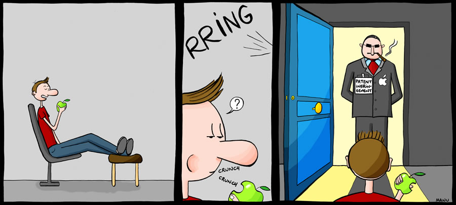 The comic takes place in someone’s home. A guy with jeans and a red shirt is preparing to eat an apple, lying back in an armchair and his feet on an ottoman. In the second panel, while he chews, the apple in his hand is left with just a little bit missing from it, the doorbell rings, the guy seems puzzled. In the third panel, the guy in the red shirt has opened the door, still holding the apple with a small piece missing from its right side. Just outside of the door stands a very big-boned person with sunglasses, wearing a suit with the Apple logo on it, smoking a cigar, and his badge reads ‘Patent infringement’.