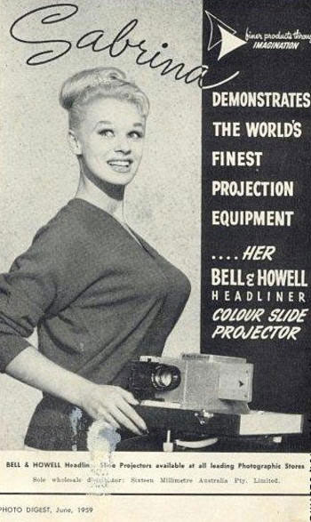 [Bell & Howell] Sabrina demonstrates the world’s finest projection equipment …her Bell & Howell headliner Colour Slide Projector