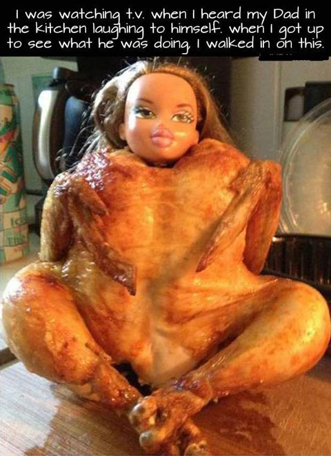 Roast turkey with a doll head