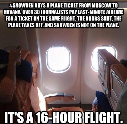 Edward Snowden buys a plane ticket from Moscow to Havana. Over 30 journalists pay last-minute airfare for a ticket on the same flight. The doors shut, the plane takes off, and Snowden is not on the plane. It’s a 16-hour flight.