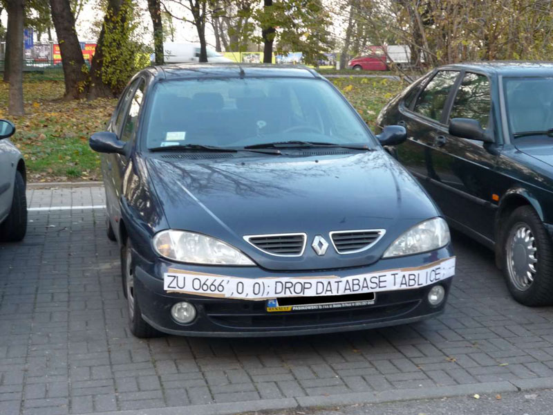 Car with SQL injection taped to the front