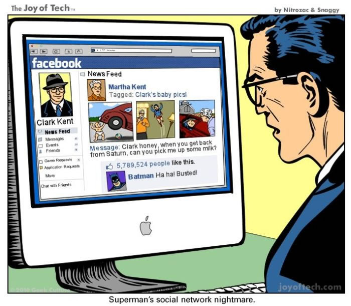 Superman looking at Facebook where his Mother has posted his baby photos.