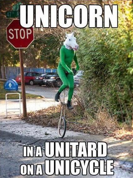 Unicorn in a unitard on a unicycle.