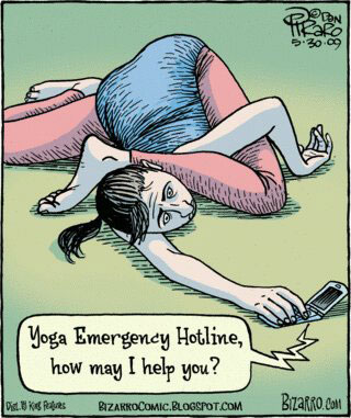 A woman lying in a tangled yoga position holding a mobile phone saying “Yoga Emergency Hotline, how may I help you?”