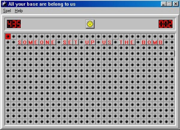 Minesweeper game showing "Someone set up us the bomb"