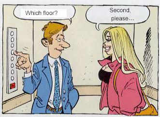 Man (to woman): “which floor?”. Woman replies “second please”