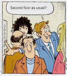 Man (to woman): “Second floor as usual?”