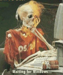 Skeleton with OS/2 shirt 'Waiting for Windows'