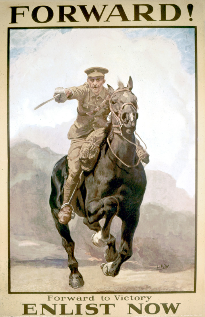 A British cavalryman charges with sabre drawn. FORWARD! FORWARD TO VICTORY ENLIST NOW