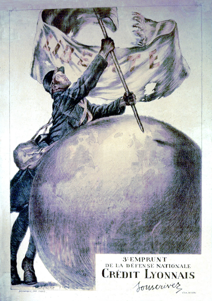 A French soldier extends the banner of Liberty over a globe