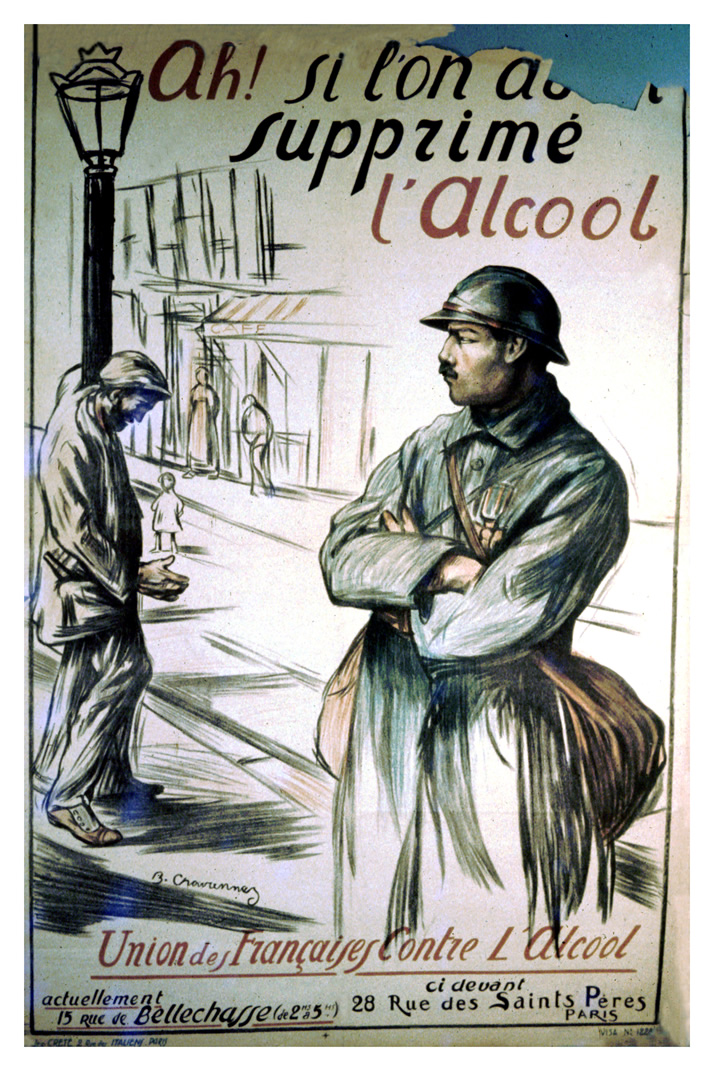 A French soldier looking on a drunkard with disapproval