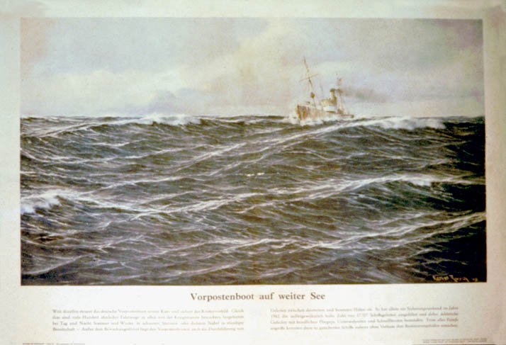A German picket boat travels through the waves