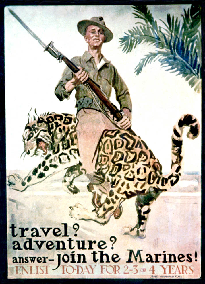 A Marine with rifle riding backwards on a Jaguar. TRAVEL ADVENTURE ANSWER  JOIN THE MARINES! ENLIST TODAY FOR 2 3 OR 4 YEARS