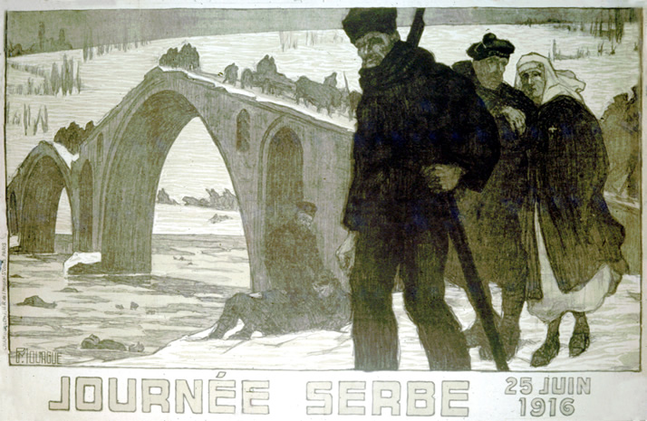A Serbian man and couple walking in the foreground. A large river with an arched bridge fills the background