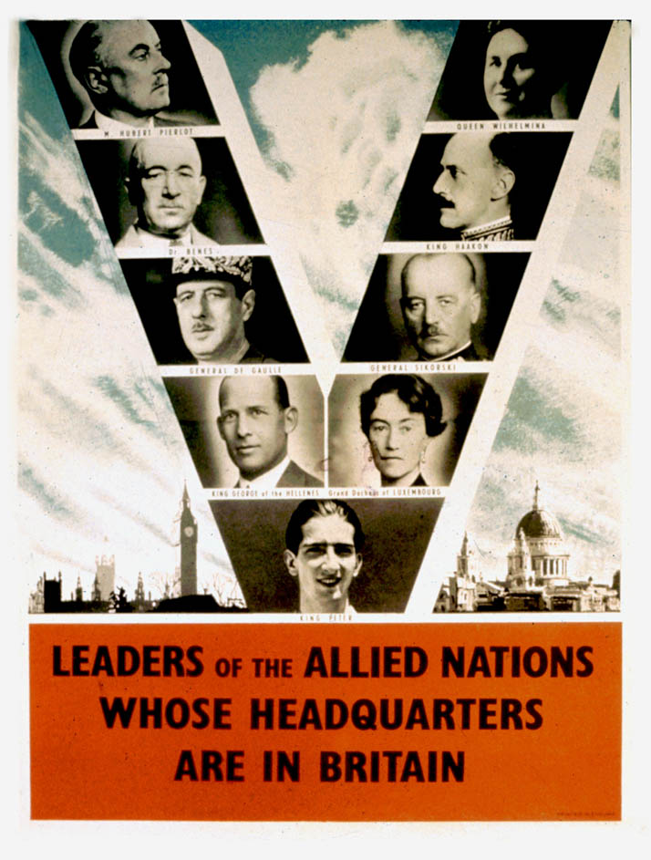 A V is formed through the arrangement of photographs of Allied leaders