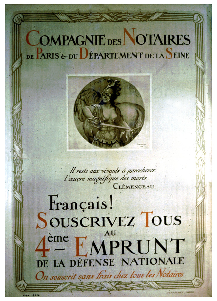 A bordered poster with a French coin and quote by Clemenceau in the center