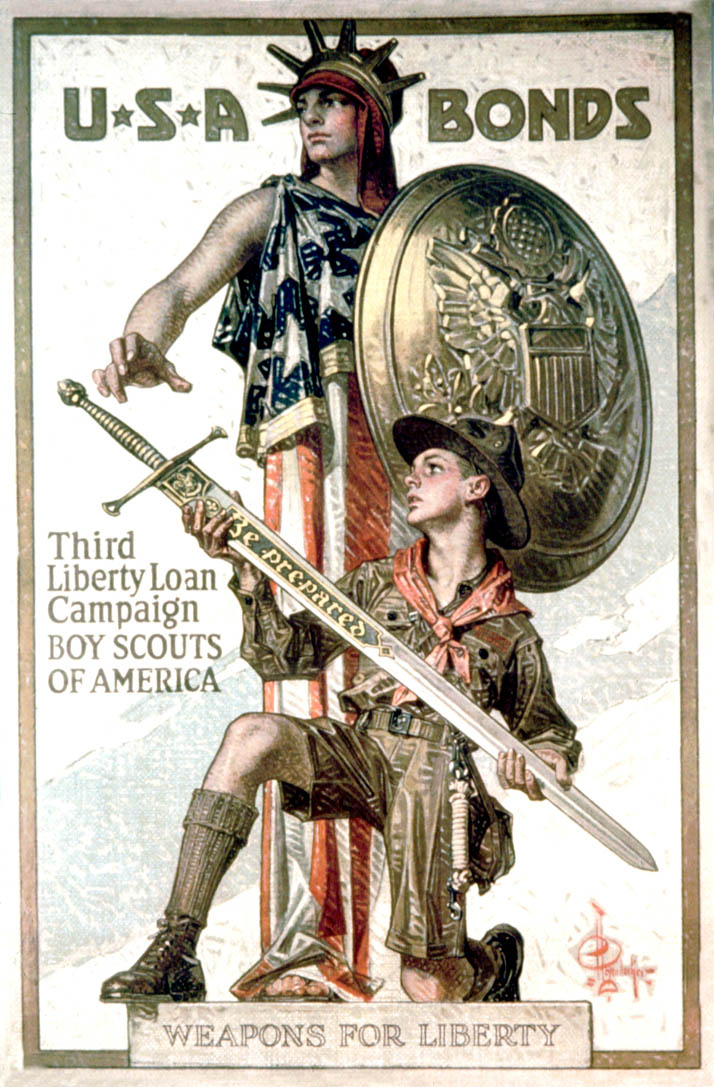 A boy scout hands Liberty a sword