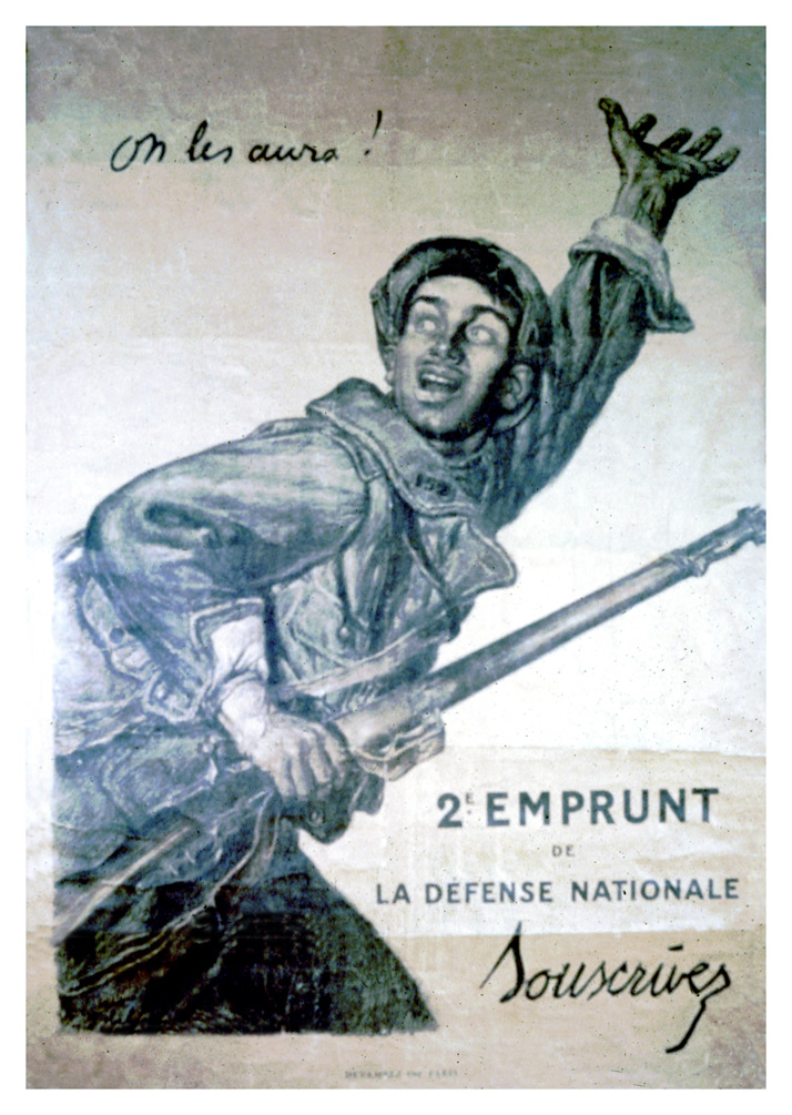 A charging French soldier beckoning others to follow