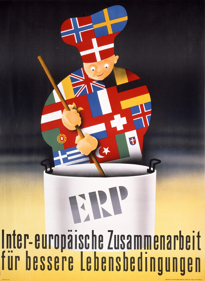 A chef dressed in the flags of European nations stirs a pot which says ERP