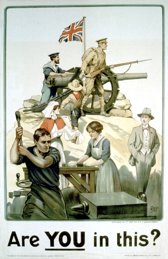 A foreground depiction of various men and women performing wartime services beneath a prominantly displayed soldier and sailor under the Union Jack
