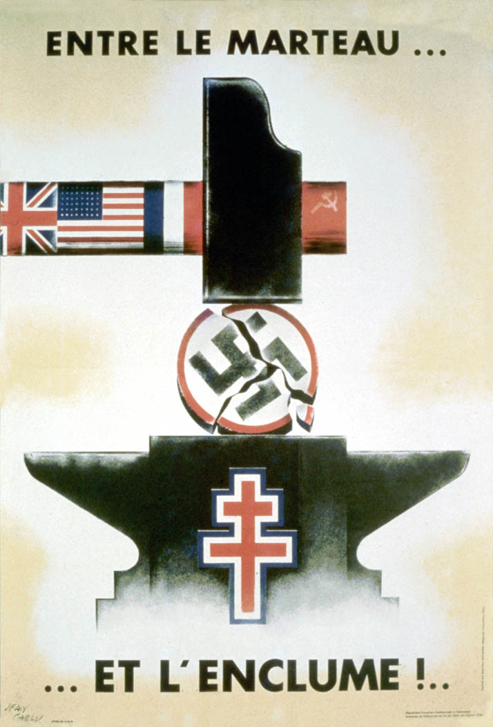 A hammer emblazoned with the allied standards smashes a swastika on an anvil bearing the Patriarchal Cross