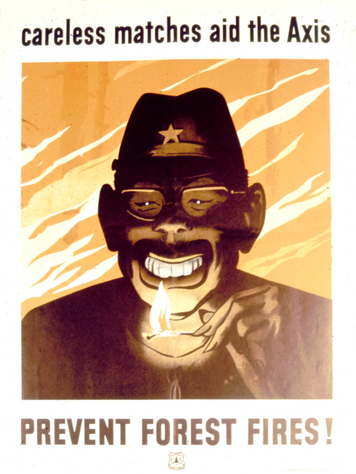 A highly caricatured Japanese soldier grins before a lighted match