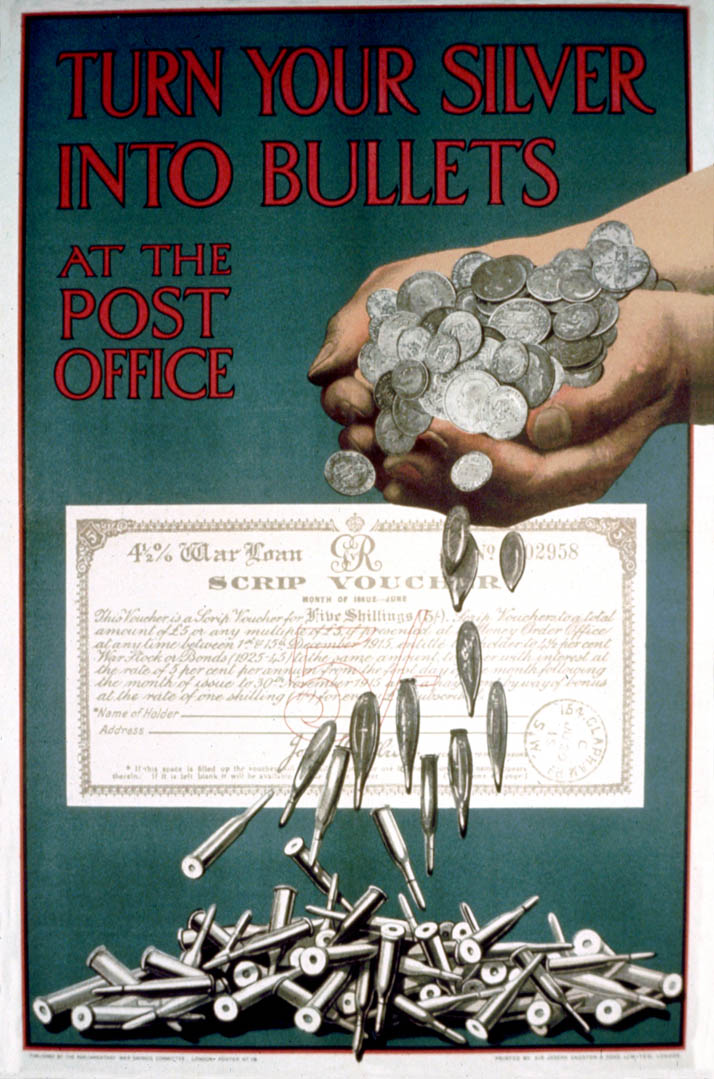 A pair of hands before a scrip voucher empties silver coins into a pile of bullets