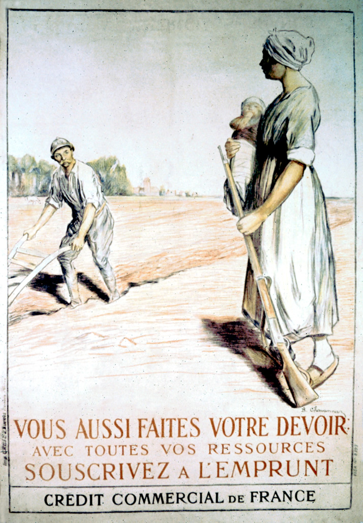 A peasant woman holding a child and rifle looks to her husband who is plowing a field