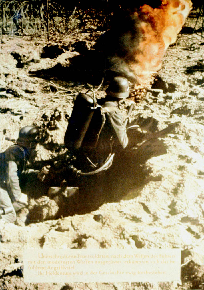 A photograph of two German soldiers using a flamethrower