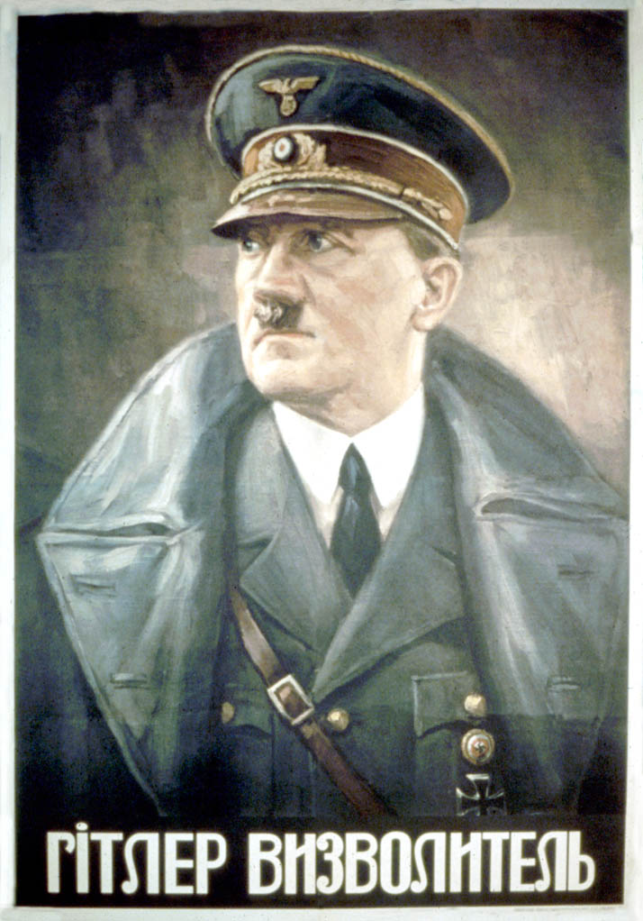 A portrait of Hitler in uniform and overcoat