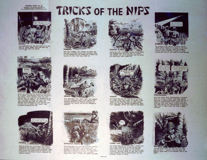A series of pictures with captions describing various combat techniques of the Japanese. TRICKS OF THE NIPS