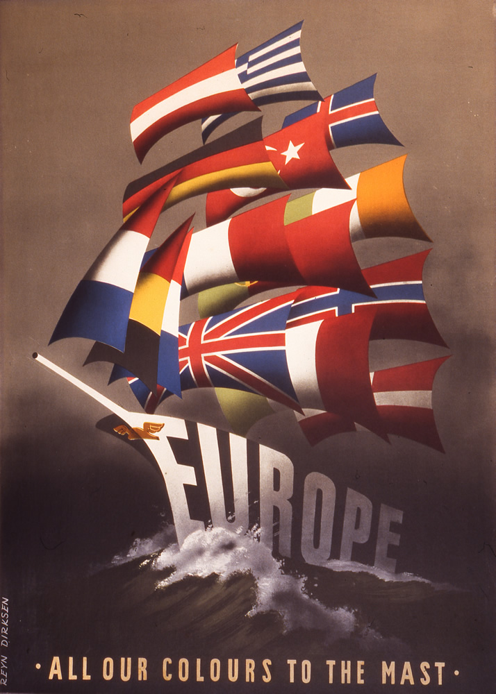 A ship formed from the word Europe bears many sails each made from the flag of a European nation as it crashes through the waves