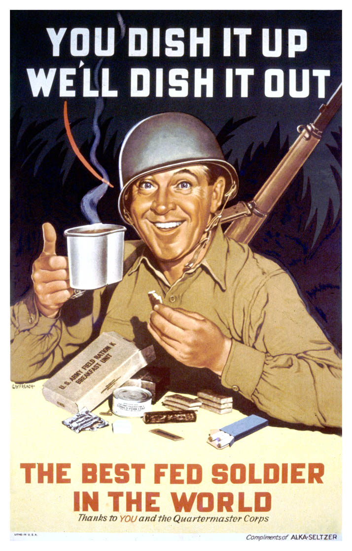 A smiling soldier sits before his rations