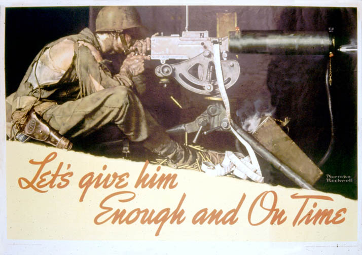 A soldier in tattered uniform mans a machine gun