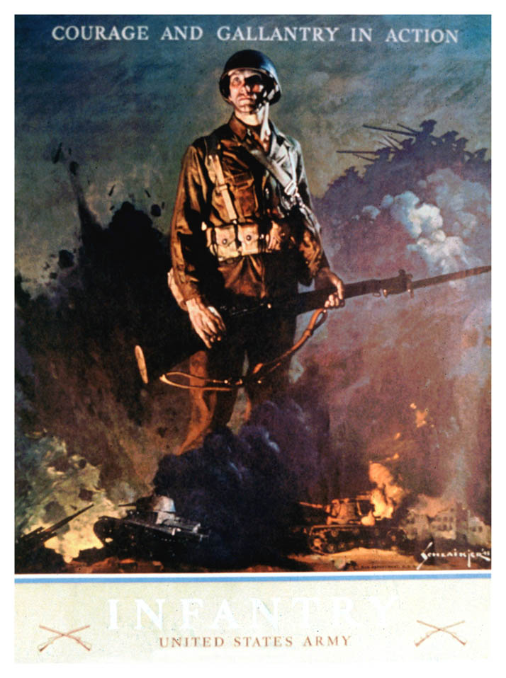 A soldier stands prominently against the turmoil of battle depicted in the background