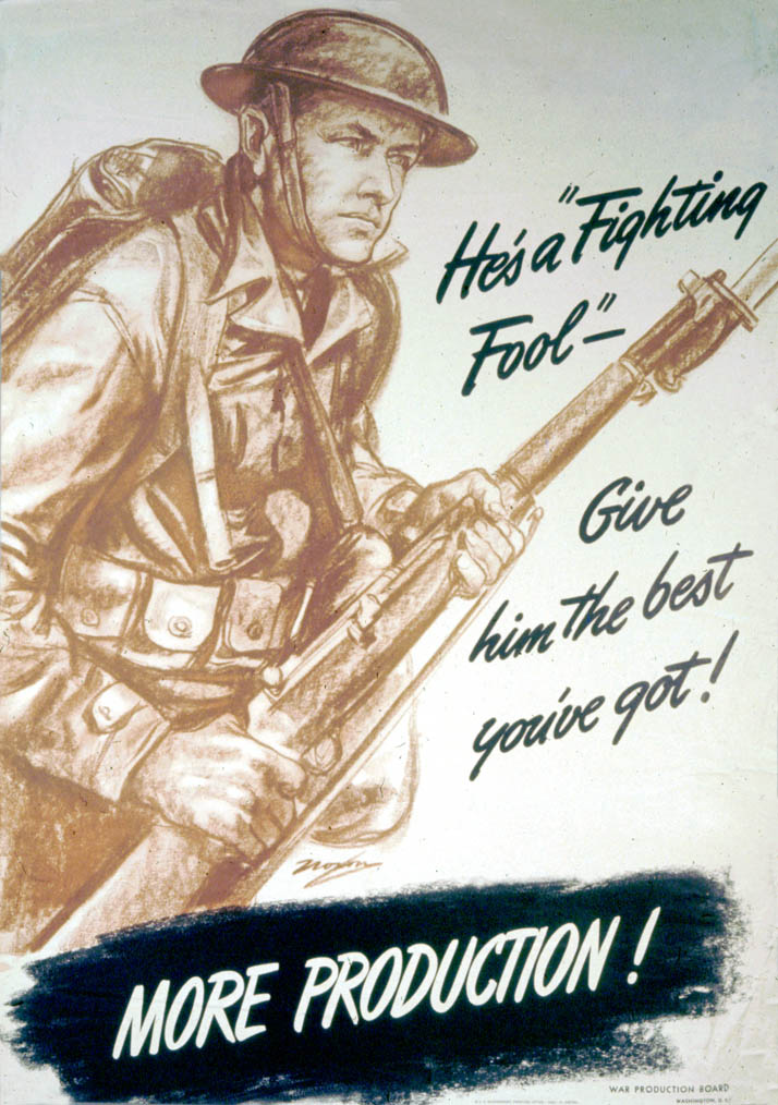 A soldier stands with rifle and bayonet