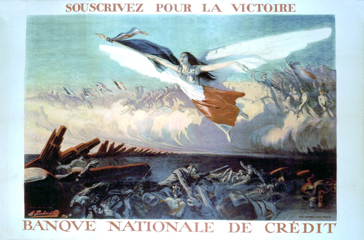 A winged Victory, cloaked in the French flag, leads the allied host over the German ramparts