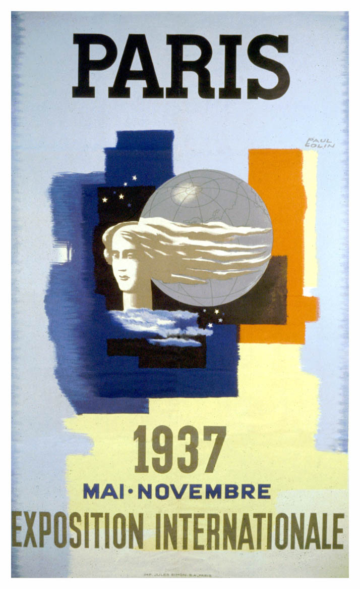A woman's face stands adjacent to a globe. PARIS 1937 MAI – NOVEMBRE EXPOSITION INTERNATIONALE