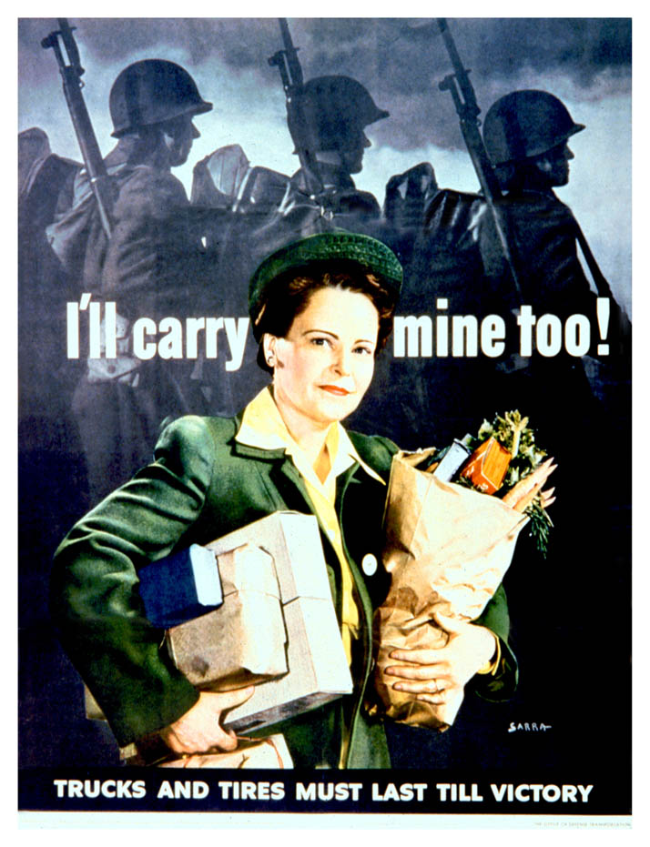 A woman holds parcels and groceries