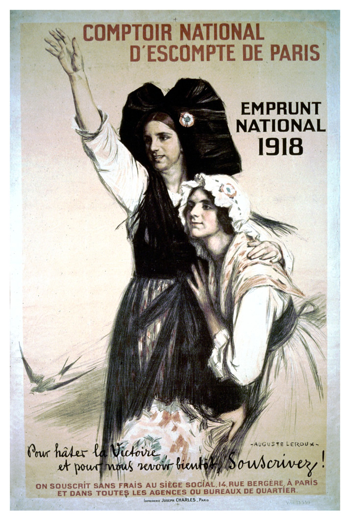 A woman standing and waving to unseen soldiers in the distance. A second woman waits expectantly while crouched in the arms of the other woman