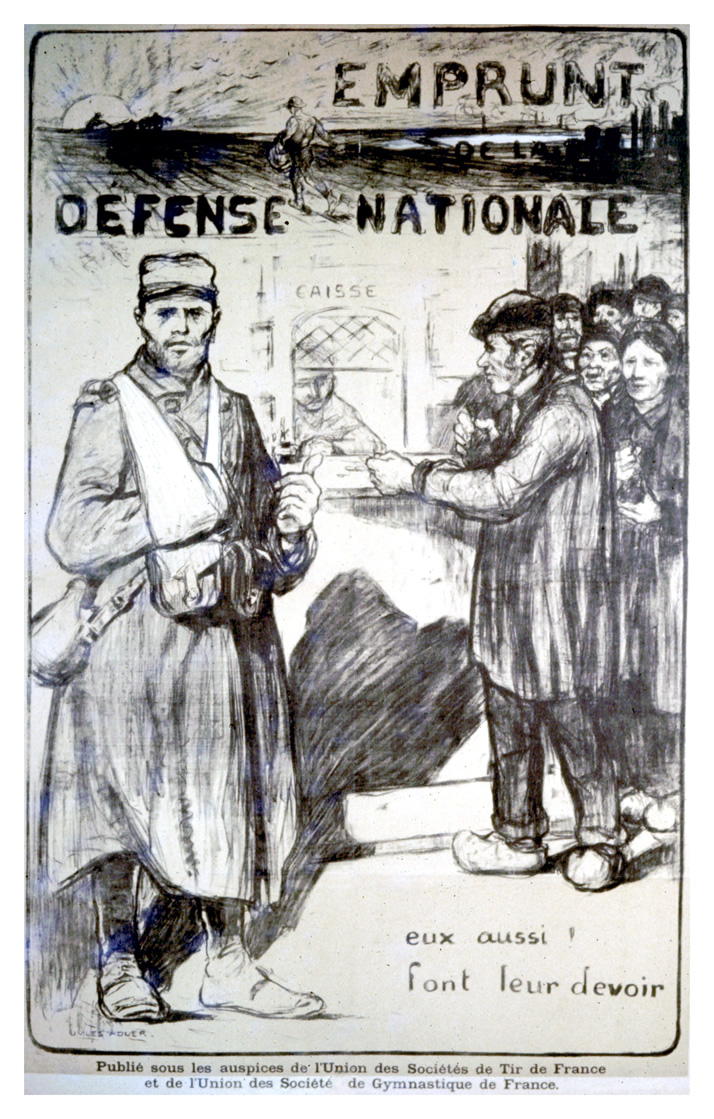 A wounded French soldier points to a cashier's window distributing aid to a line of citizens