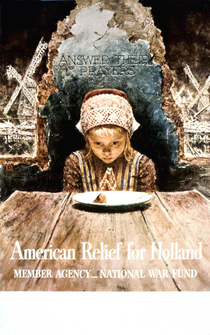 A young Dutch girl kneels before a table in prayer